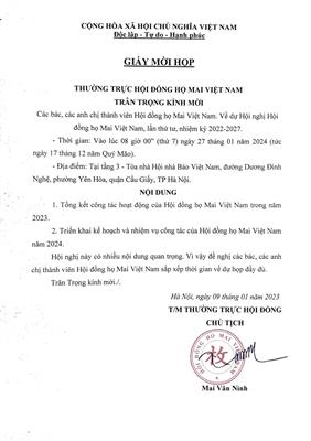 Giấy mời họp Hội đồng họ Mai Việt Nam